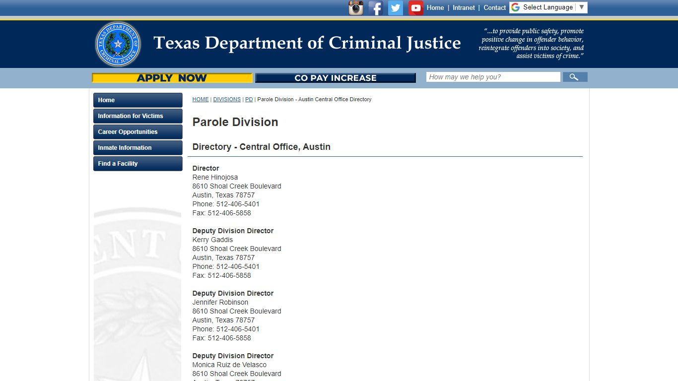 Parole Division - Austin Central Office Directory - Texas Department of ...